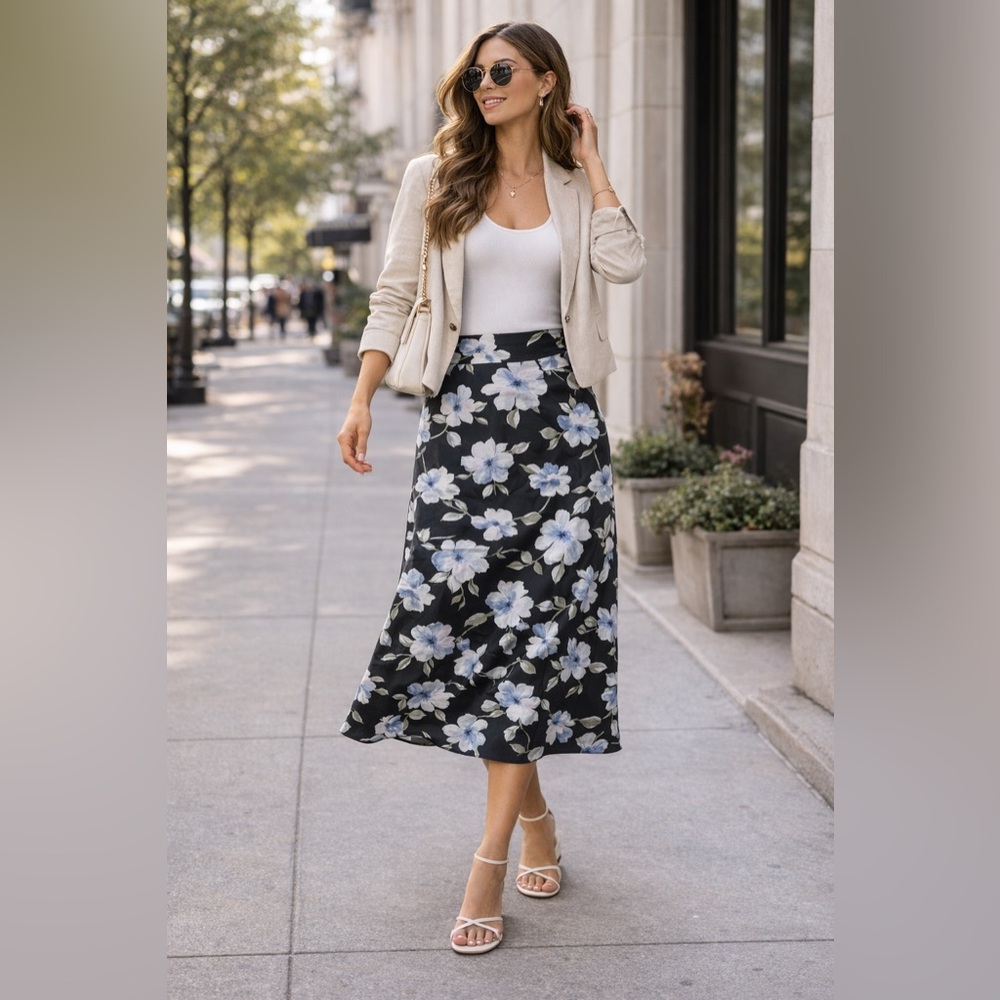Abercrombie & Fitch Blue & Black Floral Midi Skirt Size Large